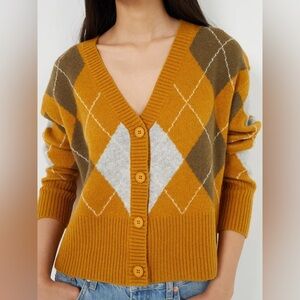 New French Connection Gold + Gray Lilija Babysoft Argyle Cardigan | Size Large